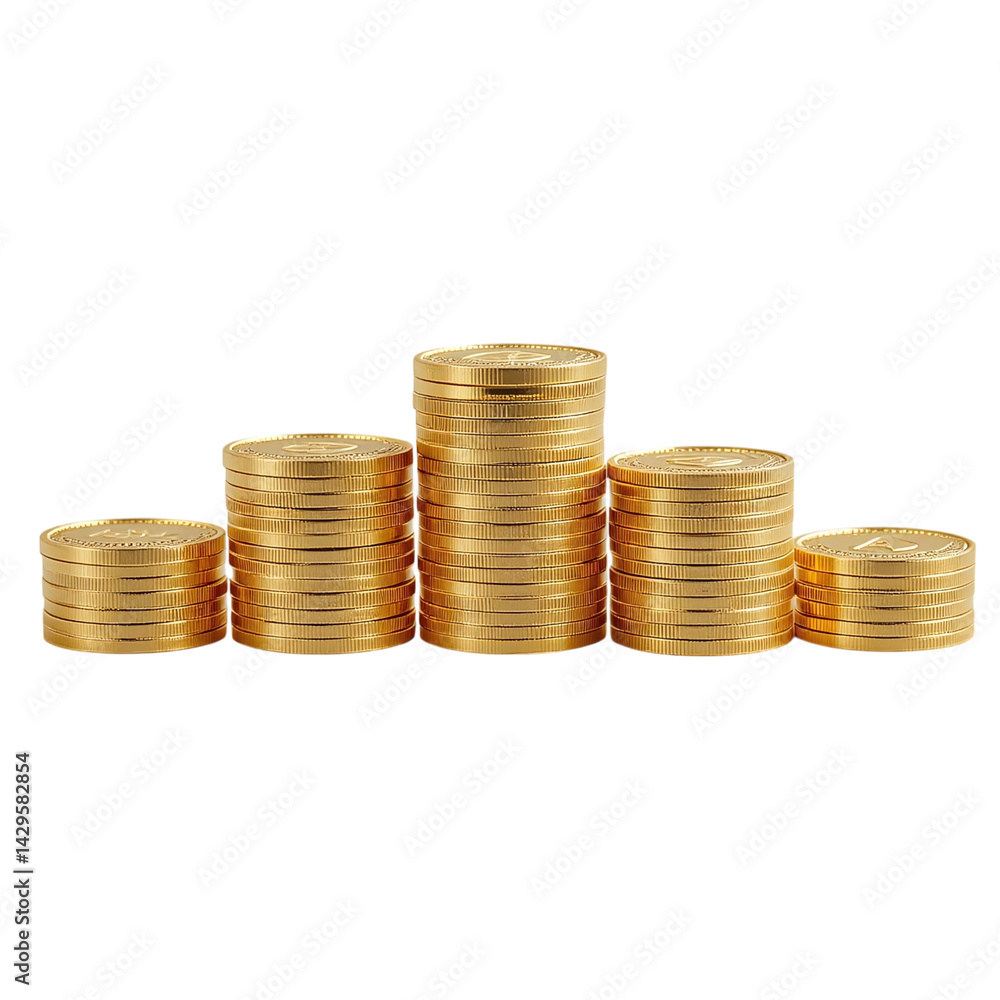 Stacked gold coins in different heights forming growing money concept isolated on transparent background Stacked gold coins in different heights forming growing money concept isolated on transparent background