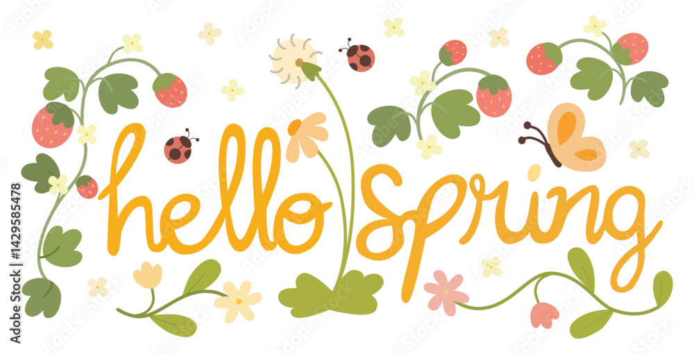 Hello spring banner vector. Cute season greeting illustration. Hello spring banner vector. Cute season greeting illustration.