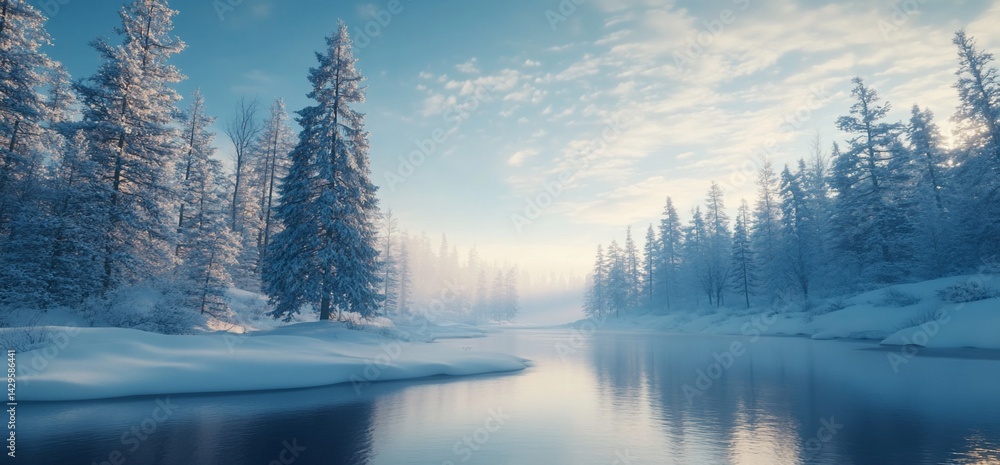 Serene Winter Landscape Reflecting Tranquility in a Frozen River Stream Serene Winter Landscape Reflecting Tranquility in a Frozen River Stream