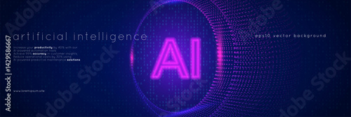 Ai Dots Background. Abstract Tech Bg For Artificial Intelligence And Big Data Concept With Neon Lines, Numbers And Waves. Innovative Dark Background With 3D Sphere Effect. Blue Ai Dots Background.