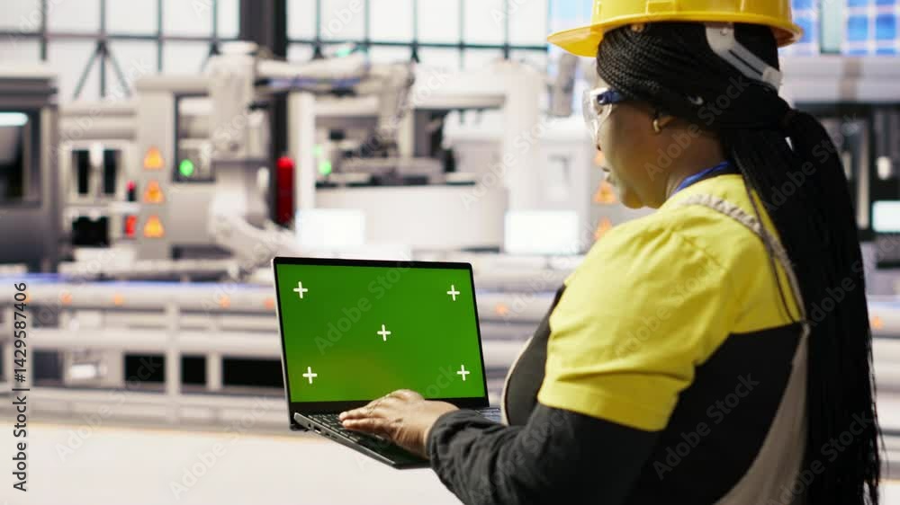 Technician in industrial plant using green screen laptop to diagnose equipment errors. Factory specialist using chroma key mockup notebook to coordinate repair tasks on assembly lines, camera B