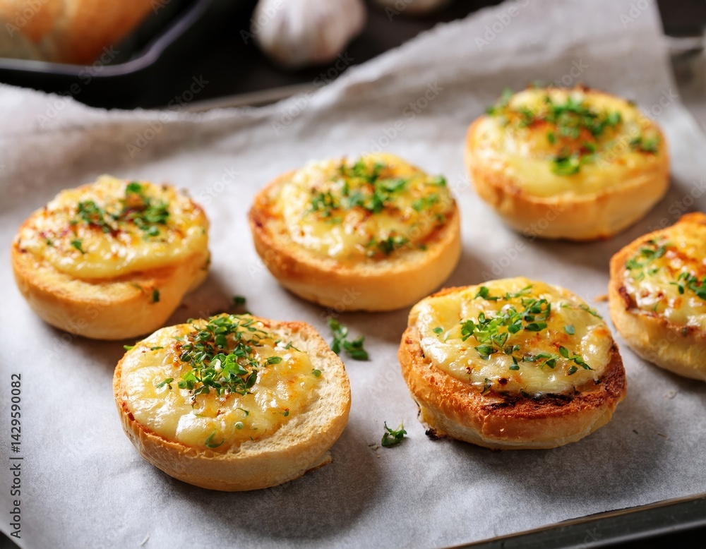 Freshly baked cheese and herb garlic bread on tray Freshly baked cheese and herb garlic bread on tray