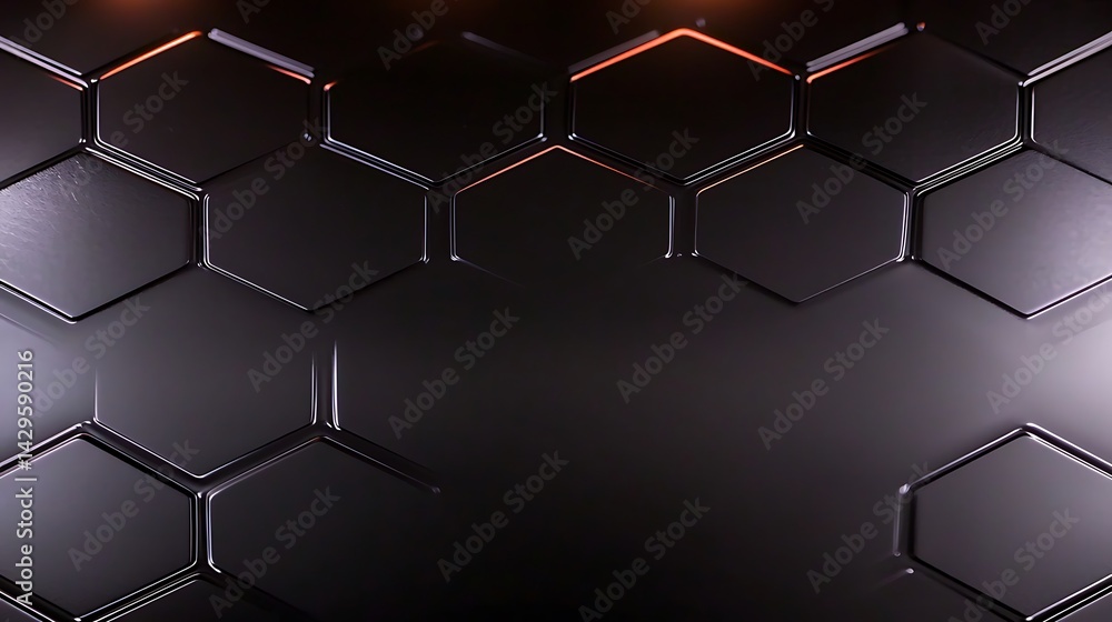 Hexagonal patterned dark, metallic wall, with some warm orange glows at the top Hexagonal patterned dark, metallic wall, with some warm orange glows at the top
