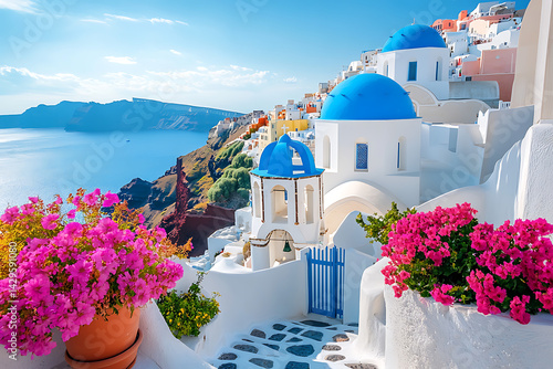 Increases the number of Greek island vacation background images with blue domes, white houses, and vibrant flowers in Santorini.