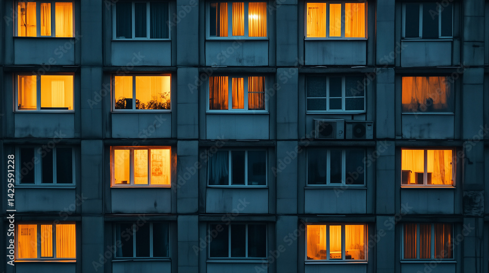 Nighttime view of apartment building with glowing orange lights behind windows creating a warm contrast against cold concrete facade. Nighttime view of apartment building with glowing orange lights behind windows creating a warm contrast against cold concrete facade.