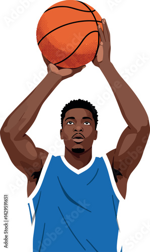Basketball player shooting ball in blue jersey vector illustration portrait orientation 