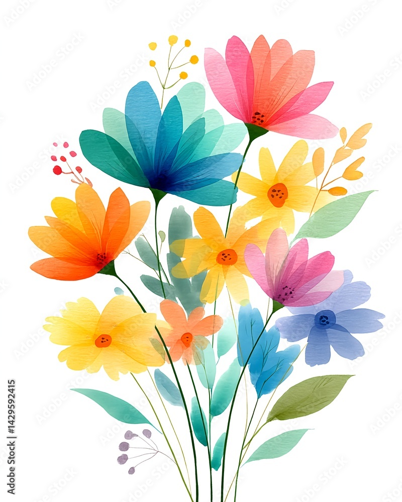 Obraz premium Vibrant watercolor bouquet of colorful wildflowers with paint splashes