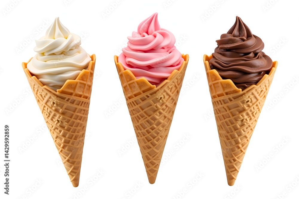 Three ice cream cones isolated on white background – sweet summer dessert concept

