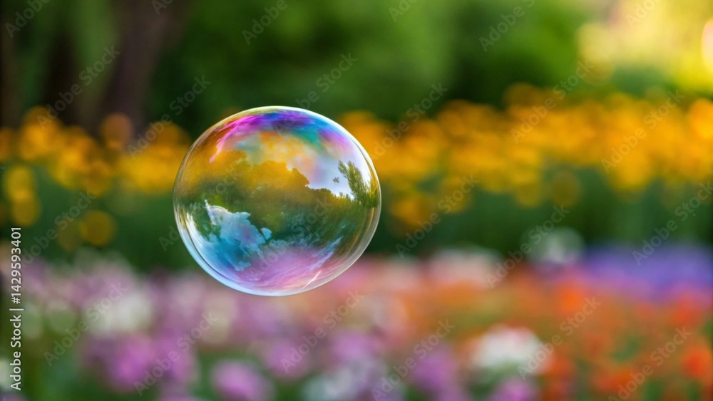 Against a soft, blurred natural backdrop of greenery and blooms, a single iridescent soap bubble is prominent, showcasing its shimmering surface and captured reflections, representing the visual Against a soft, blurred natural backdrop of greenery and blooms, a single iridescent soap bubble is prominent, showcasing its shimmering surface and captured reflections, representing the visual