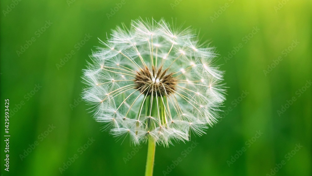 A close-up of a delicate dandelion seed head against a blurred green background, symbolizing nature, growth, life cycle, fragility, wishes (cultural), environment, texture, and the ethereal beauty of A close-up of a delicate dandelion seed head against a blurred green background, symbolizing nature, growth, life cycle, fragility, wishes (cultural), environment, texture, and the ethereal beauty of