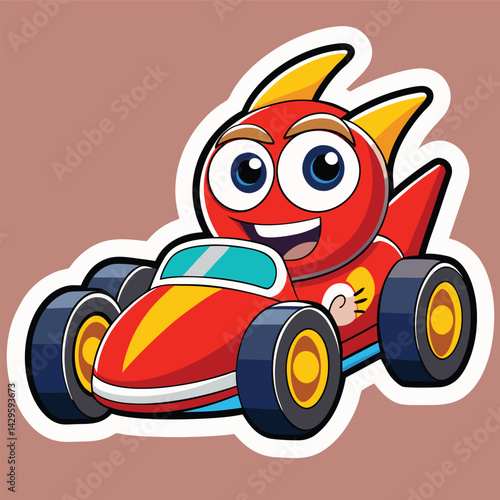 Cartoon character in a red race car