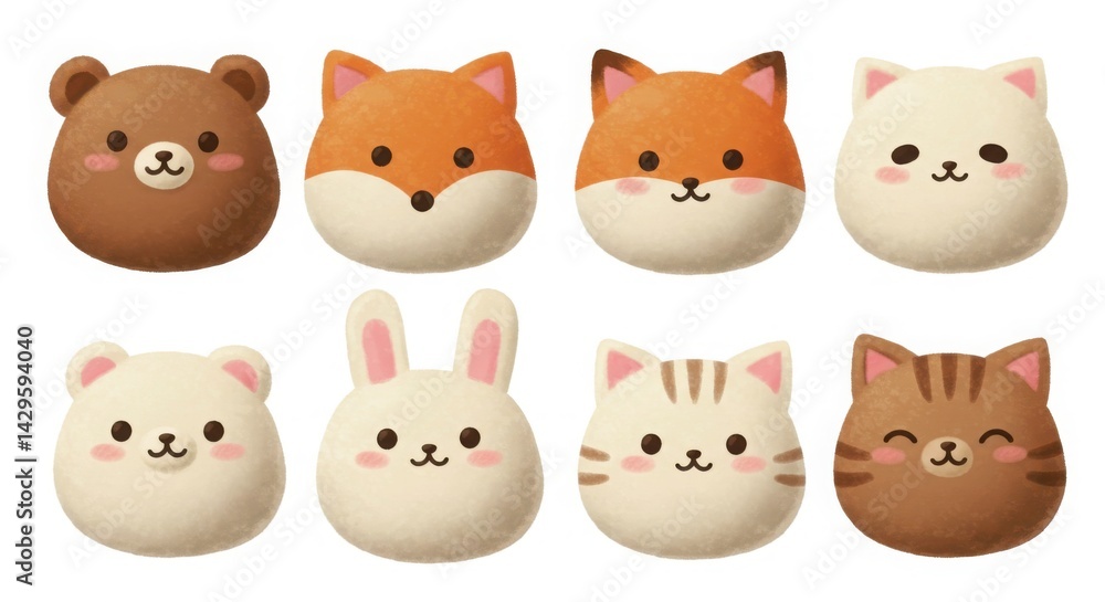 Fototapeta premium A group of cute animal-shaped mochi each with different expressions isolated style