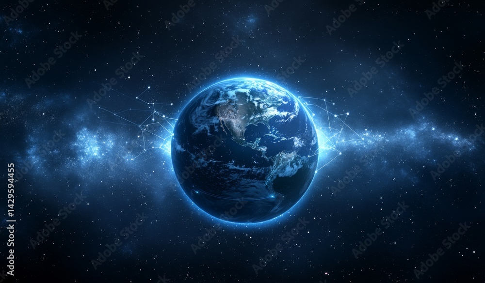 Earth in the cosmos, surrounded by a network of lines and a nebula Earth in the cosmos, surrounded by a network of lines and a nebula