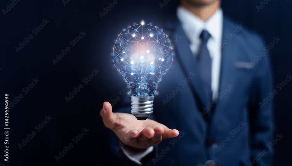 A man in a suit holding a light bulb shaped like a network in his hand against a dark background A man in a suit holding a light bulb shaped like a network in his hand against a dark background