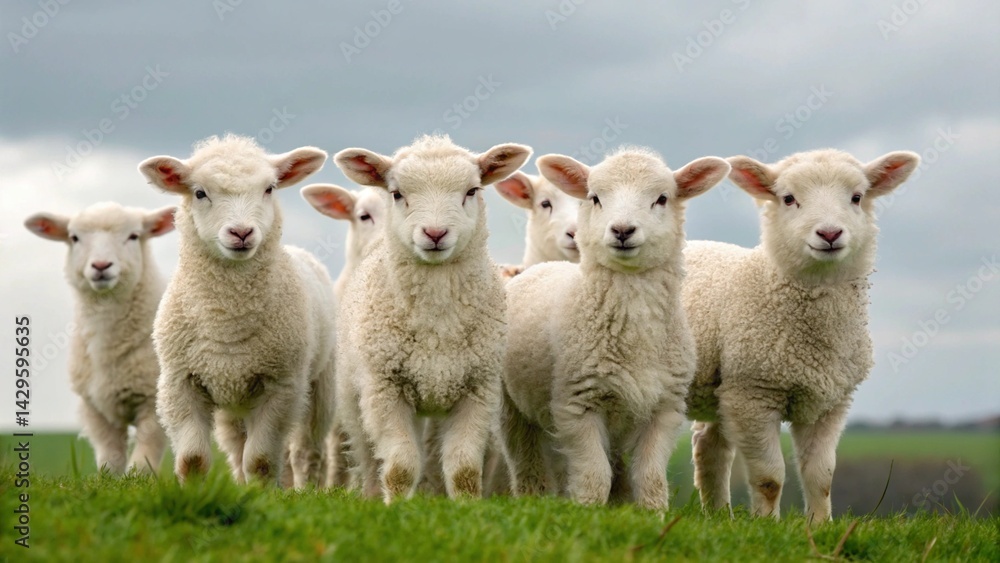 A group of young sheep or lambs stand closely together in a green grassy field, looking forward, symbolizing animals, farm life (implied), innocence, rural setting, nature, and the charming presence A group of young sheep or lambs stand closely together in a green grassy field, looking forward, symbolizing animals, farm life (implied), innocence, rural setting, nature, and the charming presence