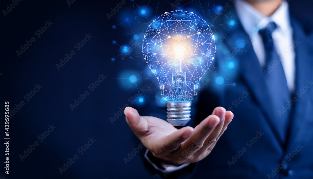 A man in a suit holding a light bulb shaped like a network in his hand against a dark background