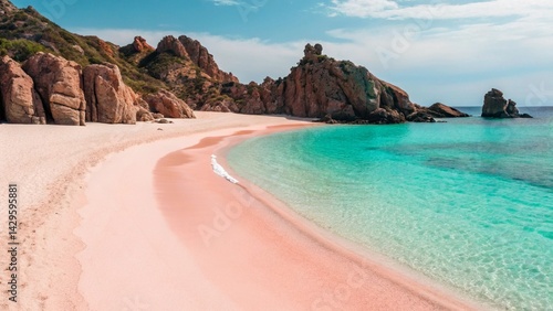 Fototapeta Naklejka Na Ścianę i Meble -  Against a backdrop of rugged rock formations and a clear sky, a curving pink sand beach and bright turquoise water are prominent, representing the visual appeal of unusual natural landscapes and the c