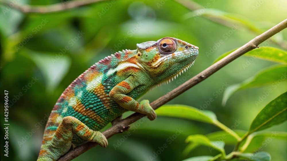 Against a blurred green background of foliage, a brightly colored chameleon is prominent on a branch, its intricate skin patterns visible, representing the visual appeal of exotic animals and the capt Against a blurred green background of foliage, a brightly colored chameleon is prominent on a branch, its intricate skin patterns visible, representing the visual appeal of exotic animals and the capt