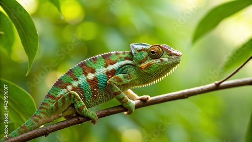 Wallpaper Mural A close-up of a vibrant, colorful chameleon perched on a branch among green leaves, displaying its unique patterns and textures, symbolizing wildlife, animals, nature, reptiles, adaptation, biodiversi Torontodigital.ca