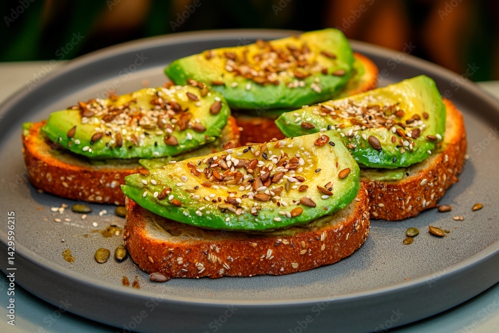 A plate displays several slices of whole grain bread adorned with ripe avocado slices and sprinkled with a mix of seeds, showcasing a healthy meal option A plate displays several slices of whole grain bread adorned with ripe avocado slices and sprinkled with a mix of seeds, showcasing a healthy meal option