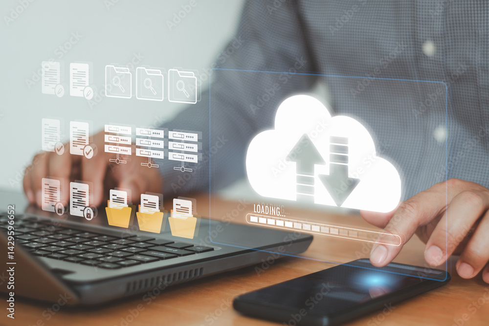 © THAWEERAT - Transfer files data system relocation on cloud system technology concept, access to backup copy data, business document storage, upload and download, archive, share, migration online database with AI.