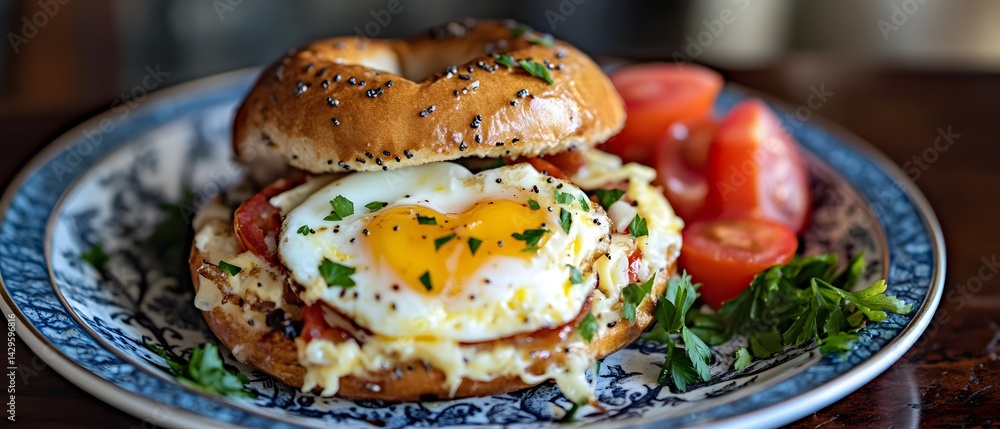 Fototapeta premium Delicious Egg and Bacon Bagel Sandwich Breakfast