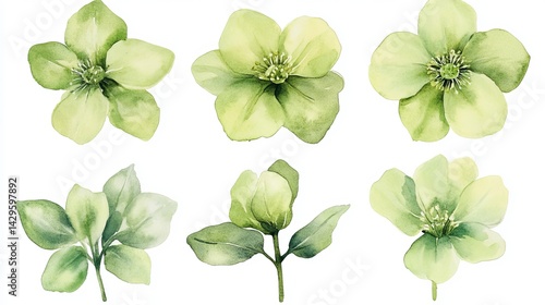 Fototapeta Naklejka Na Ścianę i Meble -  Elegant Watercolor Green Flowers Botanical Illustration Set Spring Floral Design Soft Green Hues Nature Theme Wedding Invitation Card Design Element  