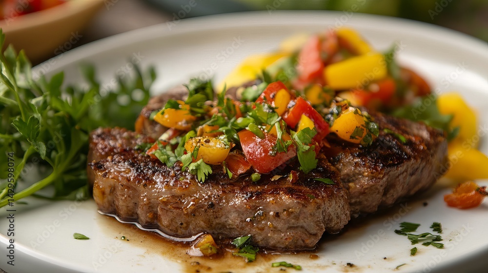 Delicious Grilled Steak Topped with Vibrant Pepper Salsa Fresh Parsley Garnish Gourmet Food Photography Restaurant Menu Image High Quality Delicious Delicious Grilled Steak Topped with Vibrant Pepper Salsa Fresh Parsley Garnish Gourmet Food Photography Restaurant Menu Image High Quality Delicious