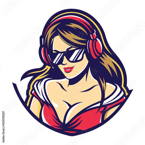 Stylish woman wearing headphones and sunglasses