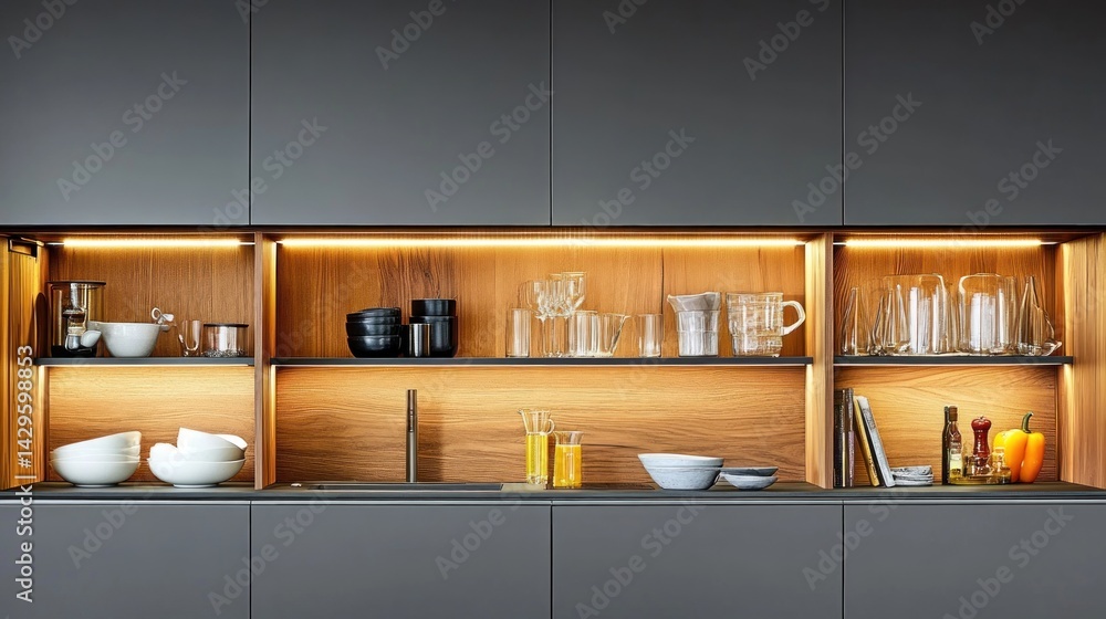 Modern kitchen cabinetry with illuminated wooden shelving. Modern kitchen cabinetry with illuminated wooden shelving.