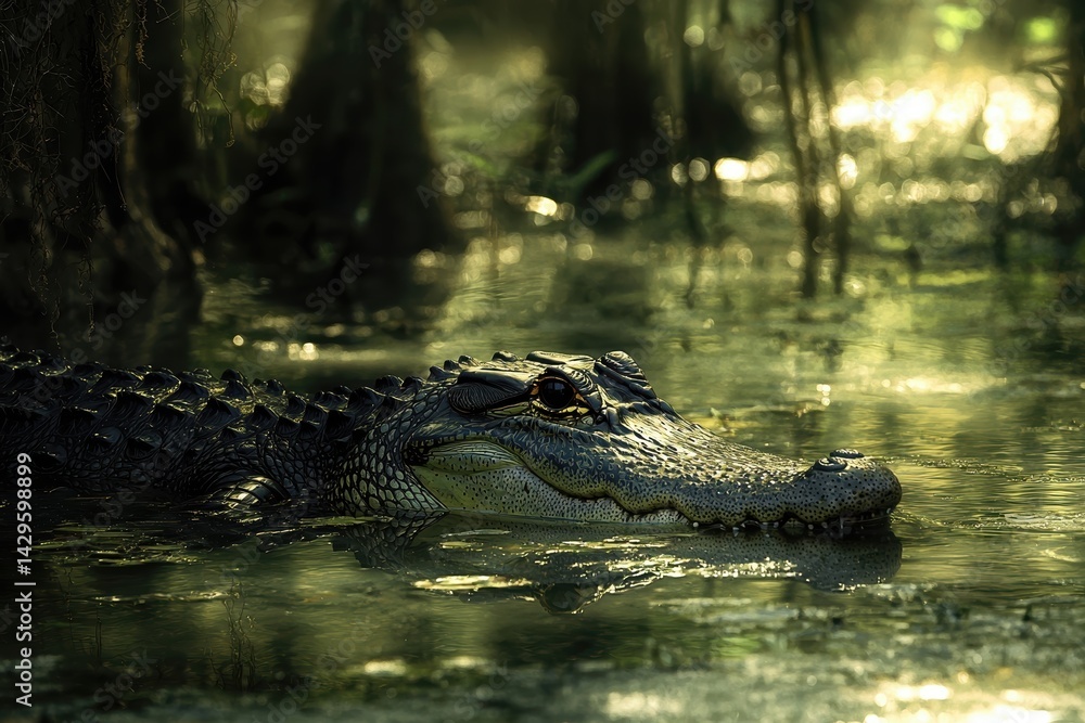 Obraz premium Majestic Alligator in the Swamp at Sunrise