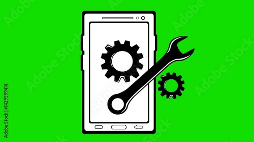 video animation drawing black and white icon repair or restore mobile phone device, on a green chroma key background