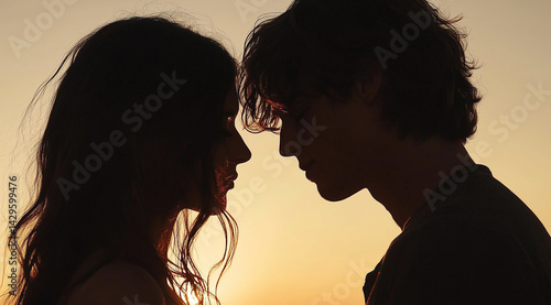 Romantic couple facing each other at sunset in warm silhouette

