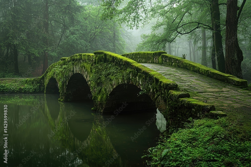 Fototapeta premium Mossy Stone Bridge in Misty Forest