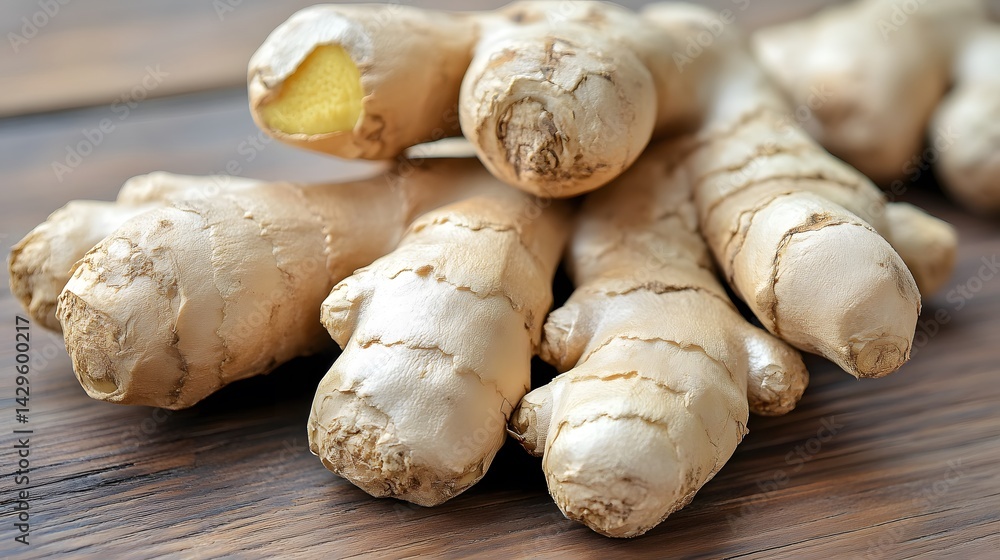 Fototapeta premium Fresh Organic Ginger Root Closeup on Wood