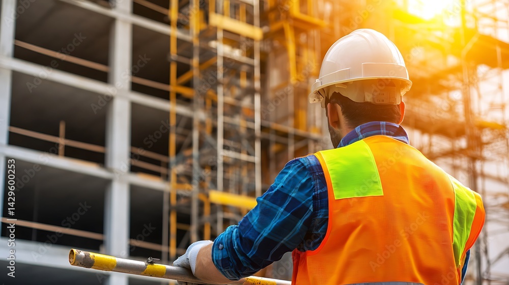 Construction Worker in Safety Gear at Building Site Construction Worker in Safety Gear at Building Site