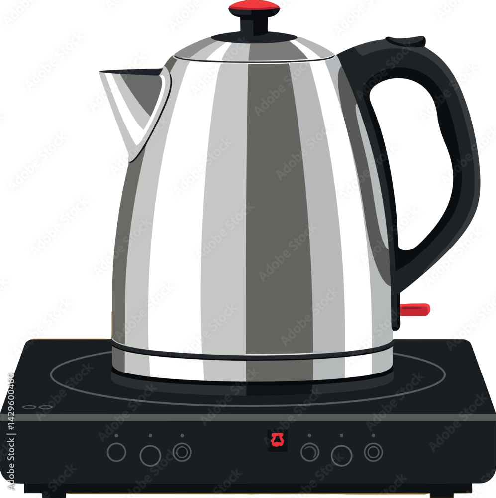 Electric kettle with black handle on induction cooktop kitchen appliance vector illustration Electric kettle with black handle on induction cooktop kitchen appliance vector illustration