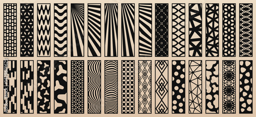 Big vector set of 30 templates for laser cut, CNC, plotter. Unique design with abstract geometric patterns, trendy new ornaments. Stencil for cutting of wood, paper, metal, plastic. Aspect ratio 1:4