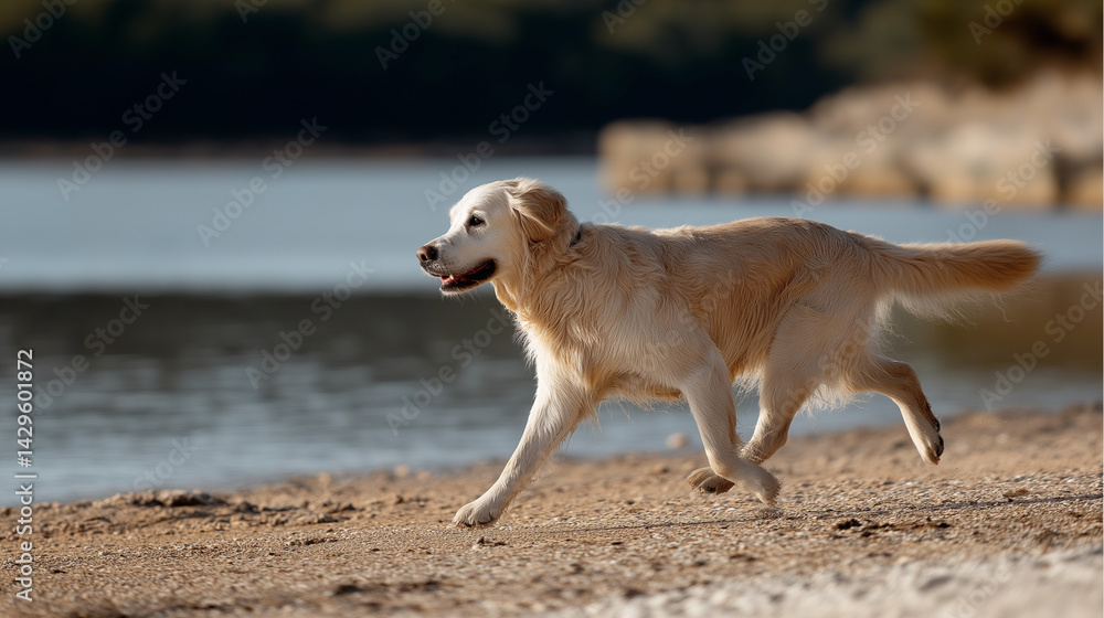 Golden Retriever Joyfully Running on Sandy Beach Under Sunlight Golden Retriever Joyfully Running on Sandy Beach Under Sunlight