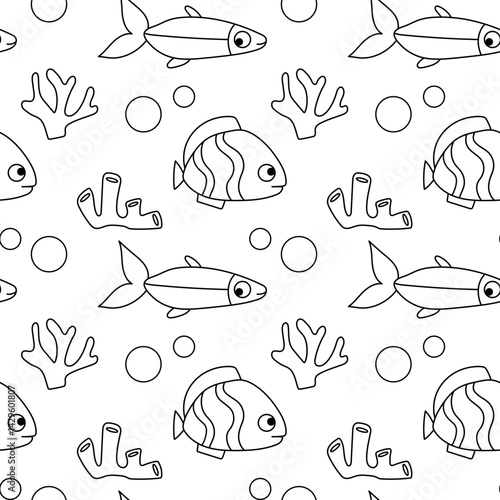 Doodle seamless pattern with tropical fish and coral. Exotic fish. Coloring page.