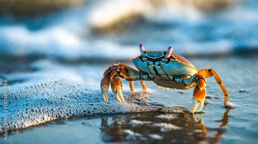 Vibrant crab on wet sand by the ocean waves. Vibrant crab on wet sand by the ocean waves.