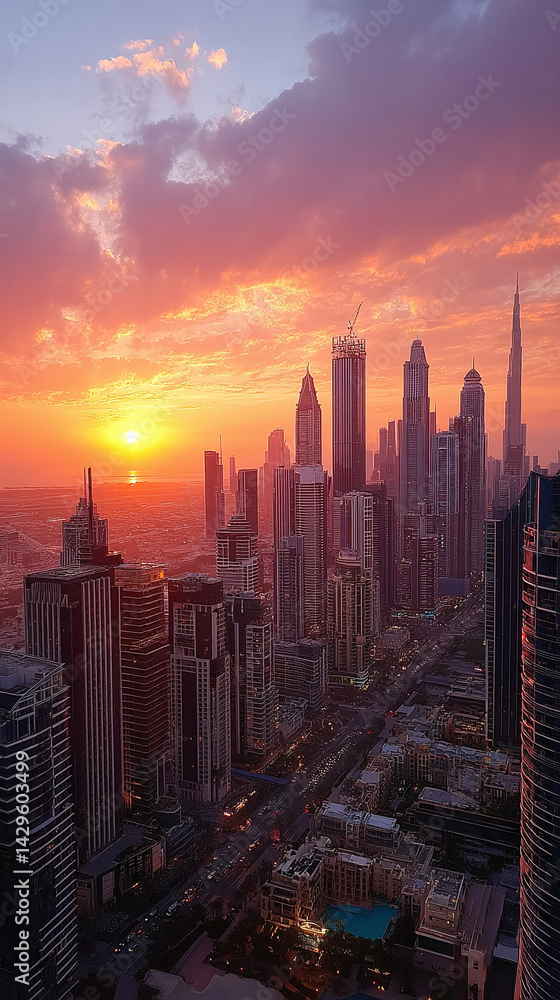 Fototapeta premium Aube Éblouissante sur la Silhouette Moderne de la Ville