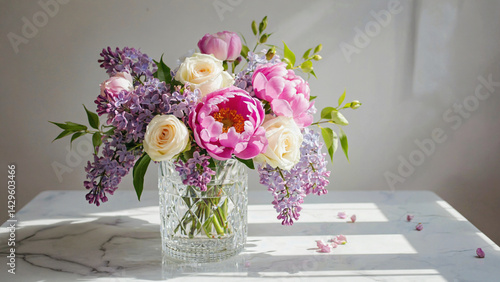 Wallpaper Mural A stunning floral composition featuring a delicate mix of peonies, roses, and lilac in a vase. Torontodigital.ca