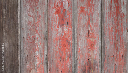 Tableau sur toile decaying red painted pine board batten wall missing battens