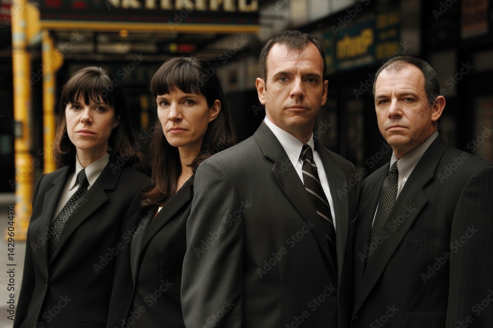 Group of business people standing in the street and looking at the camera Group of business people standing in the street and looking at the camera