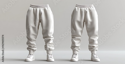 Sweatpants Mockup – Two Pairs of White Sweatpants with Elastic Waistbands and Gathered Cuffs on Neutral Background for Activewear Branding

