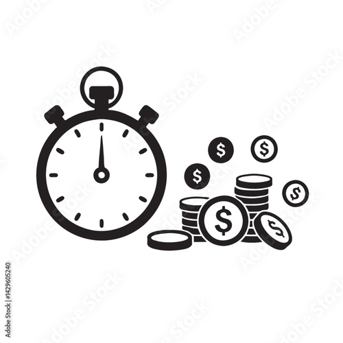 Time is Money Stopwatch and Coin Stacks for Financial Efficiency