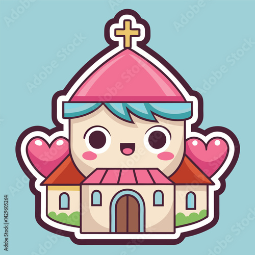 Cute cartoon church with a happy face