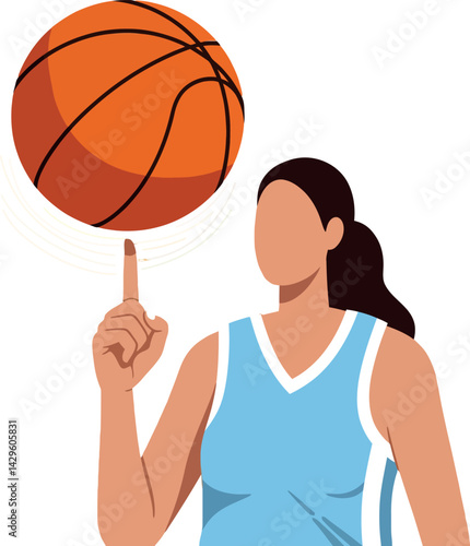 Female basketball player spinning orange basketball on finger in sportswear vector illustration 