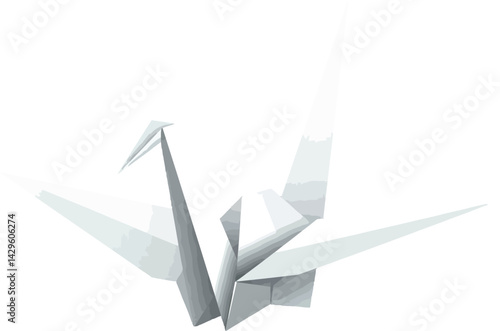 Origami paper crane vector illustration with white and gray minimal design elements 